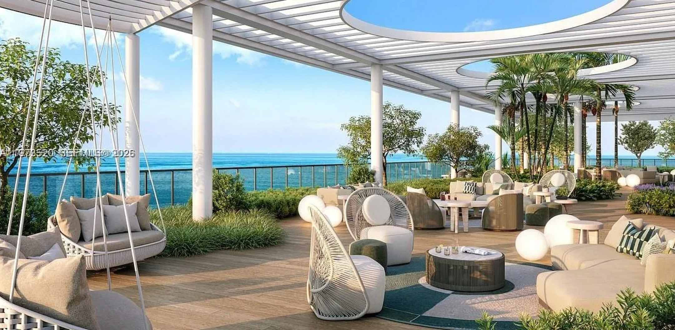 Covered outdoor lounge with ocean views.