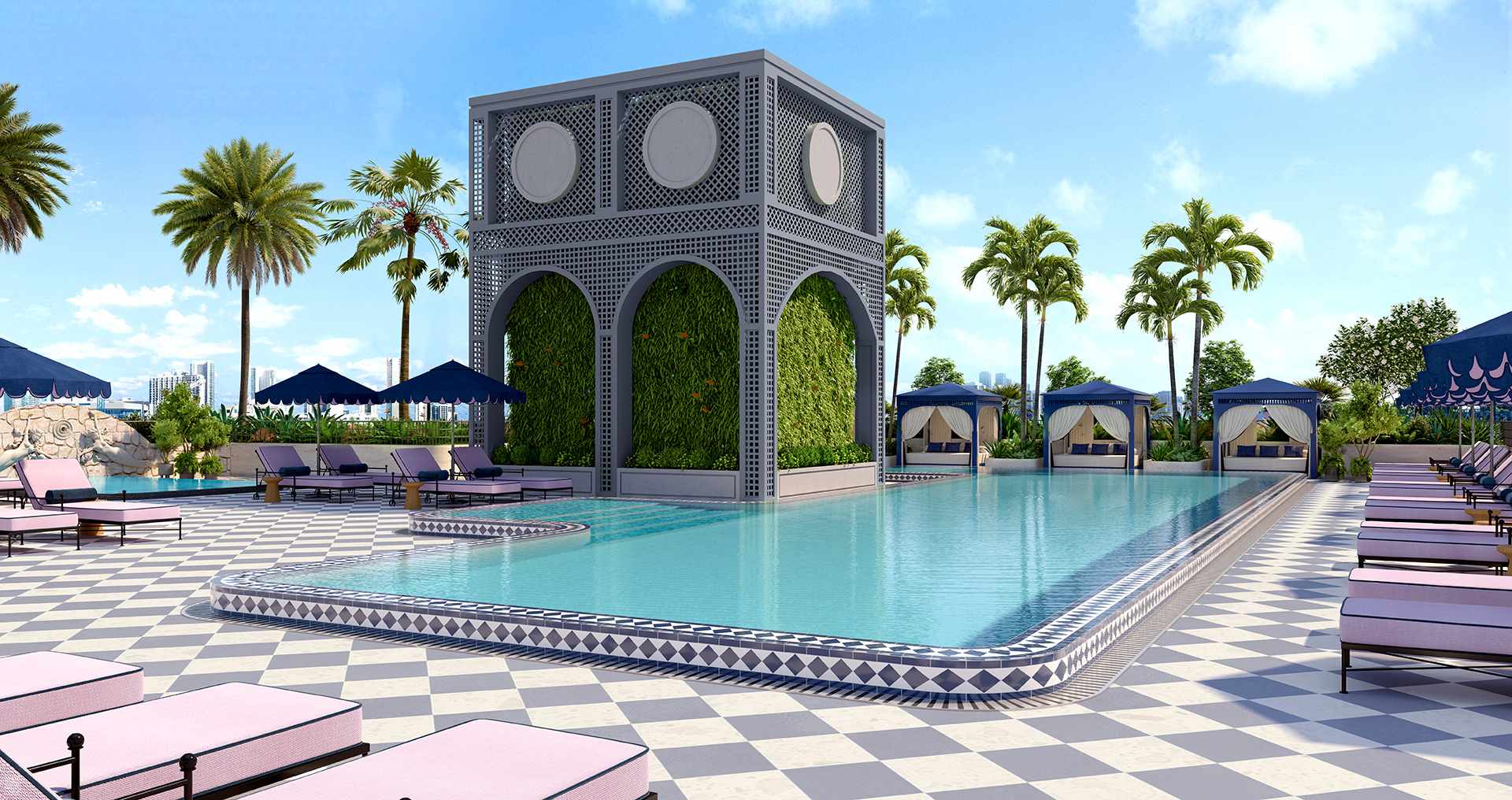 The rooftop resort pool lined with tropical palms at Nomad Wynwood