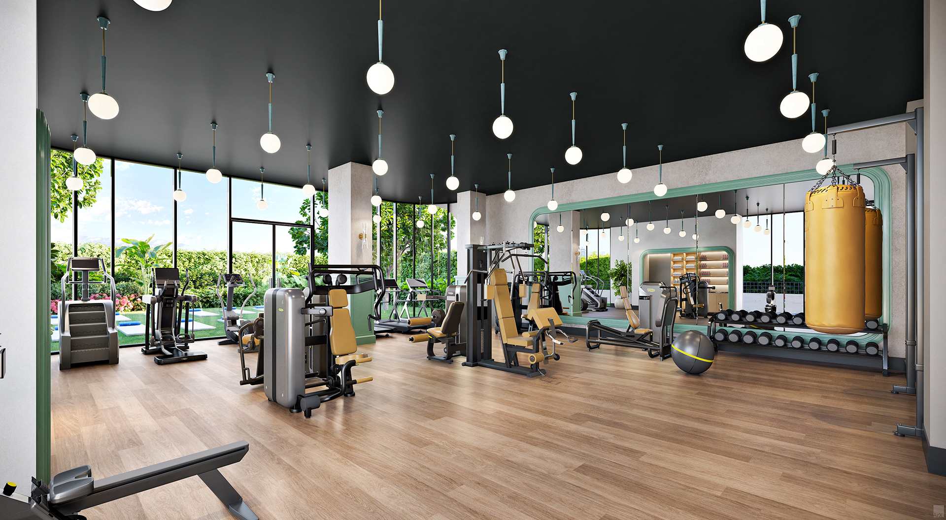 Gym with weights and exercise machines.