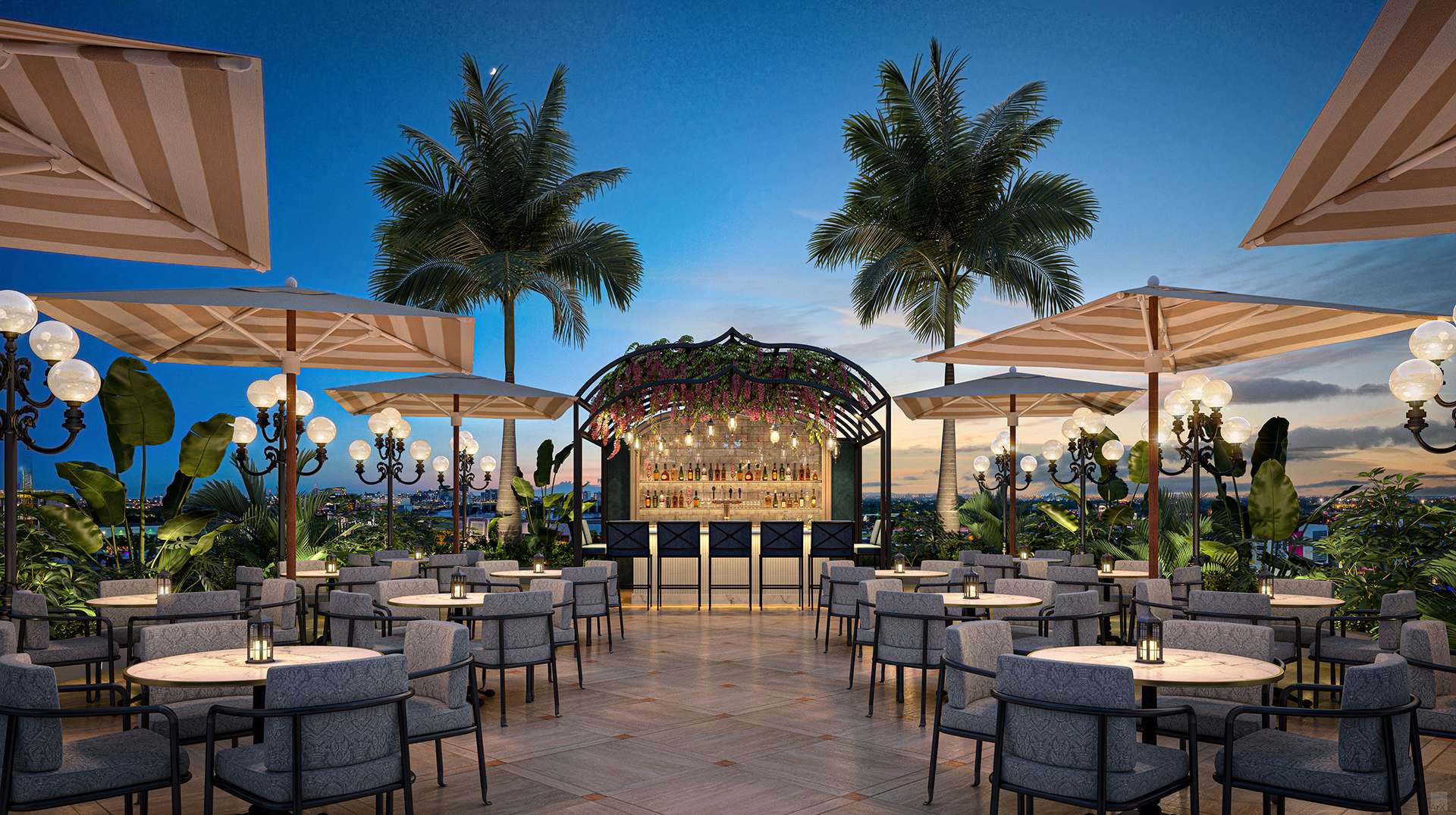 Outdoor dining terrace beneath umbrellas.