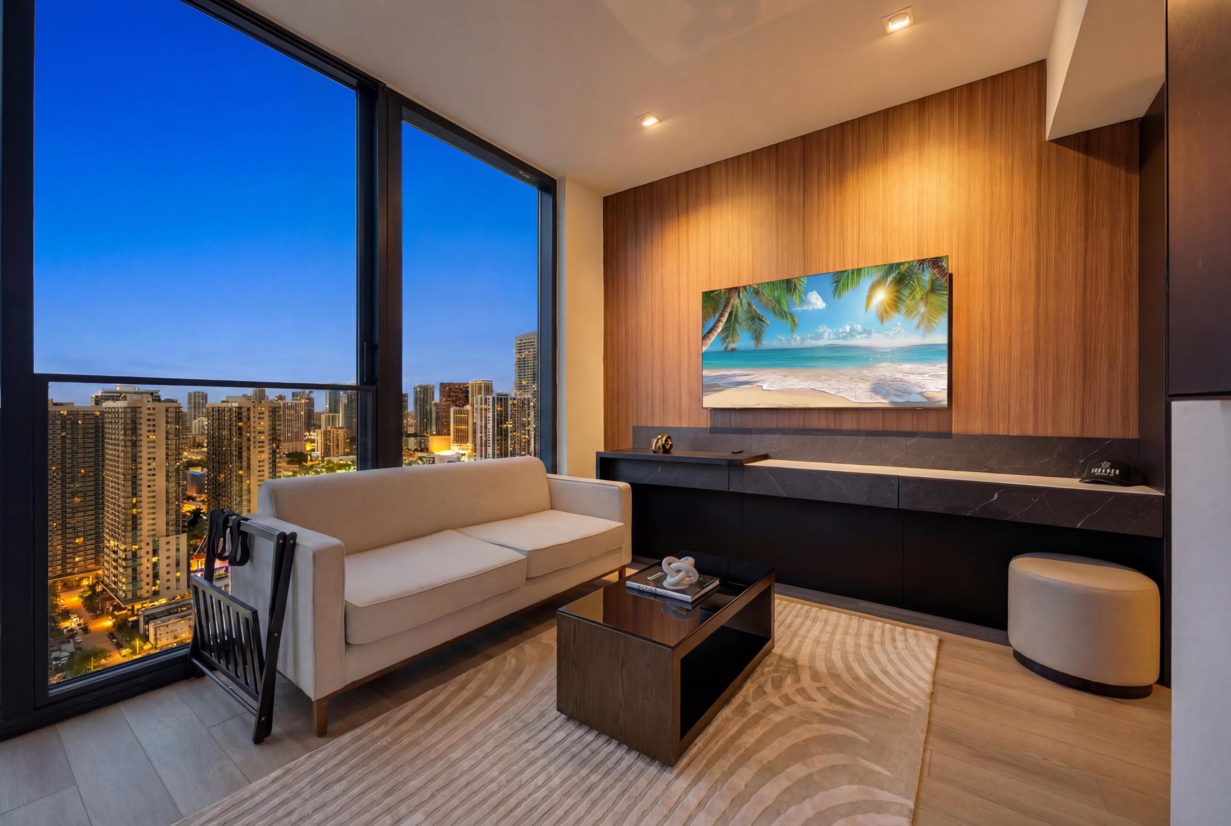 Sofa and coffee table beside a wall-mounted TV.