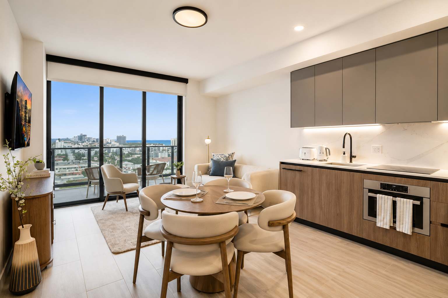 Open kitchen with a round dining table.