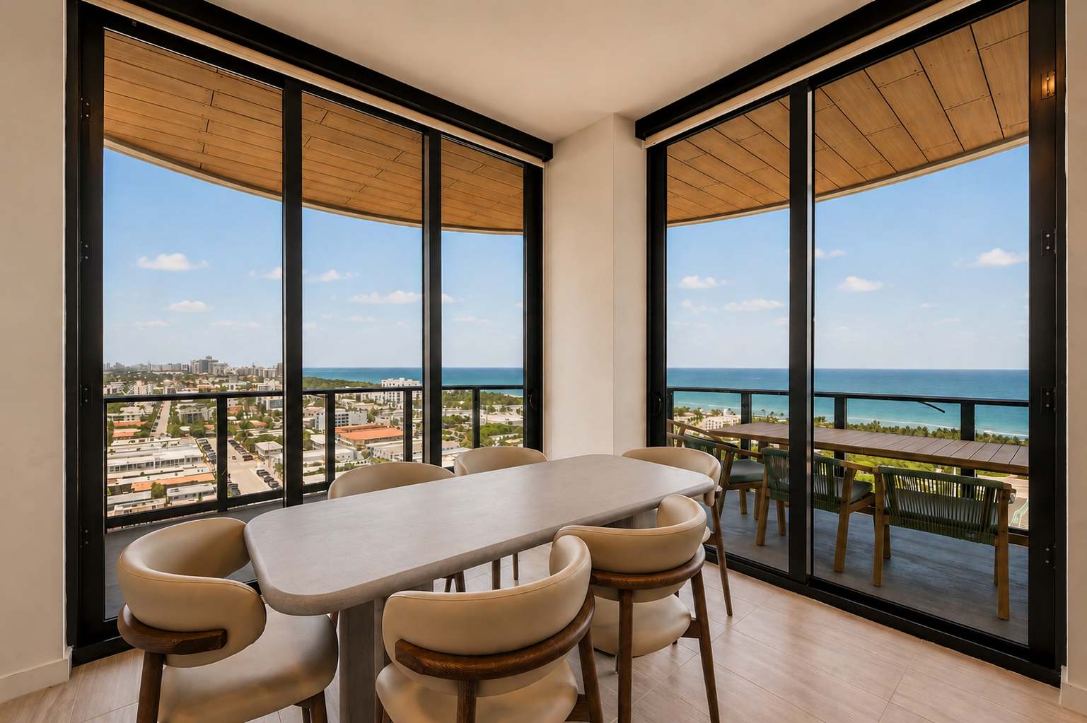 Dining table beside corner windows.