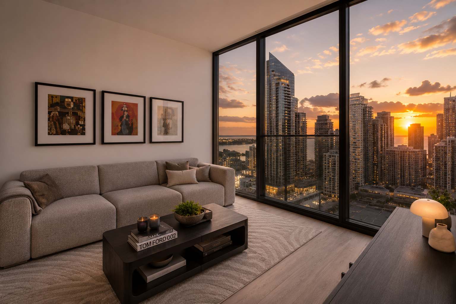 Living room overlooking the city at sunset.