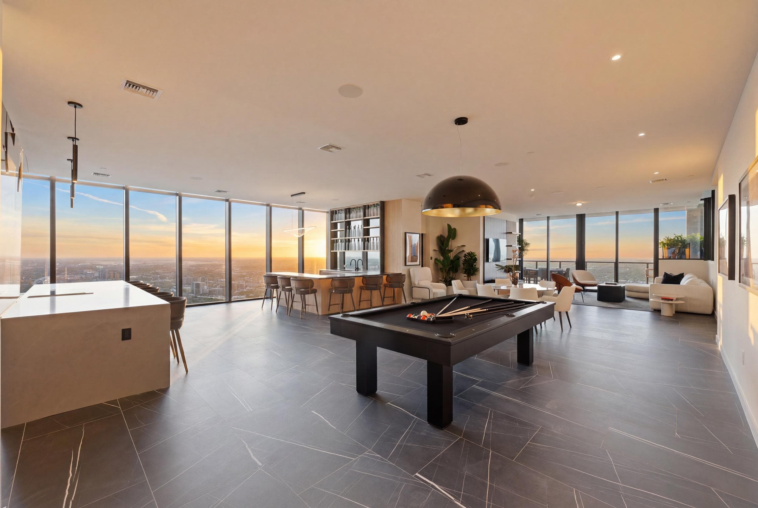 Open living area with a billiards table at sunset.