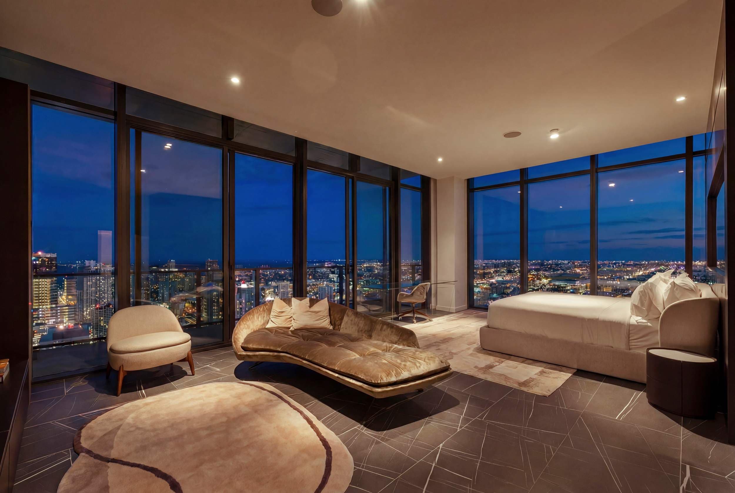 Home bar beside sunset-facing windows.