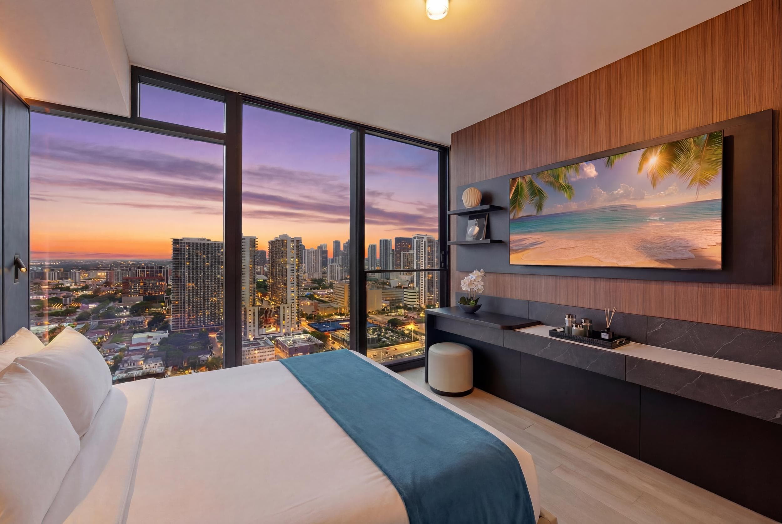 Bed beside city-view windows at dusk.