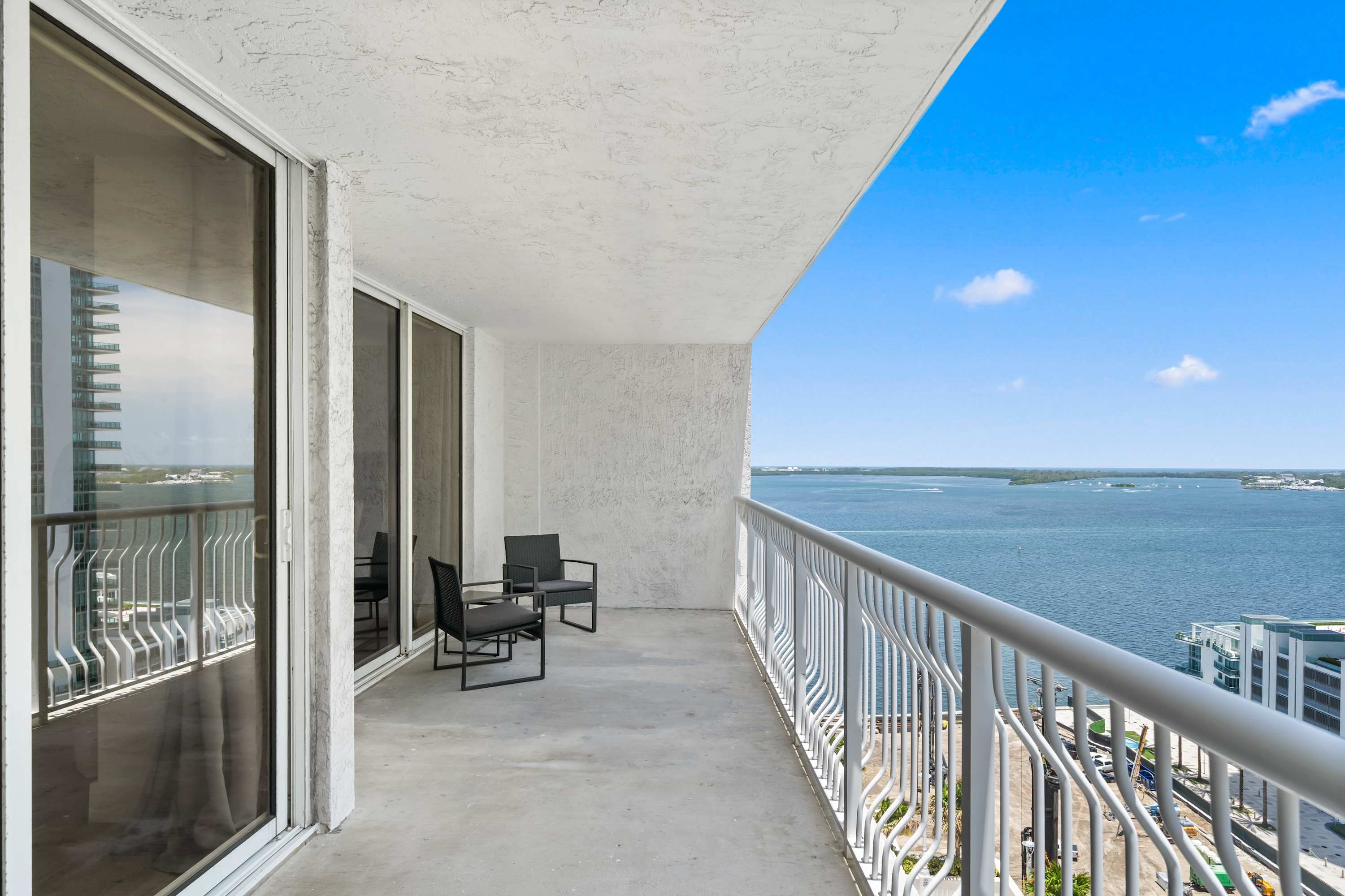 Covered balcony overlooking the bay.