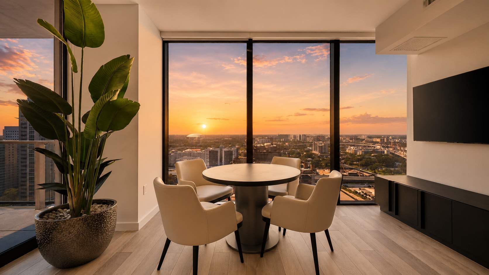 Dining table with chairs beside the living area.