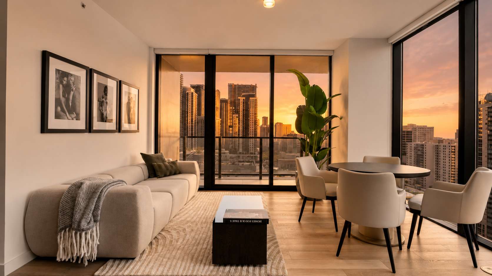 Living room overlooking the city at sunset.