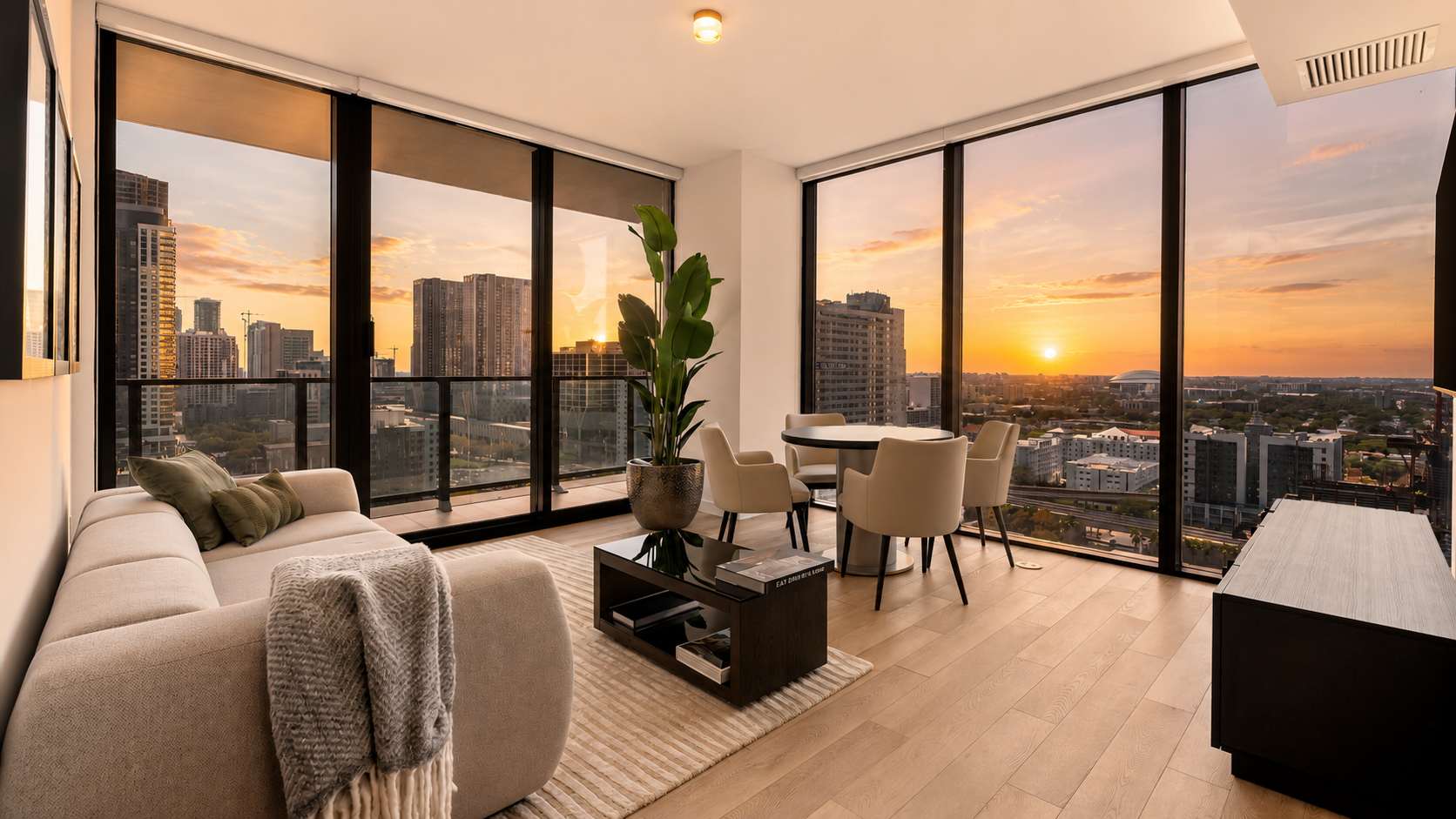 Living room overlooking the city at sunset.