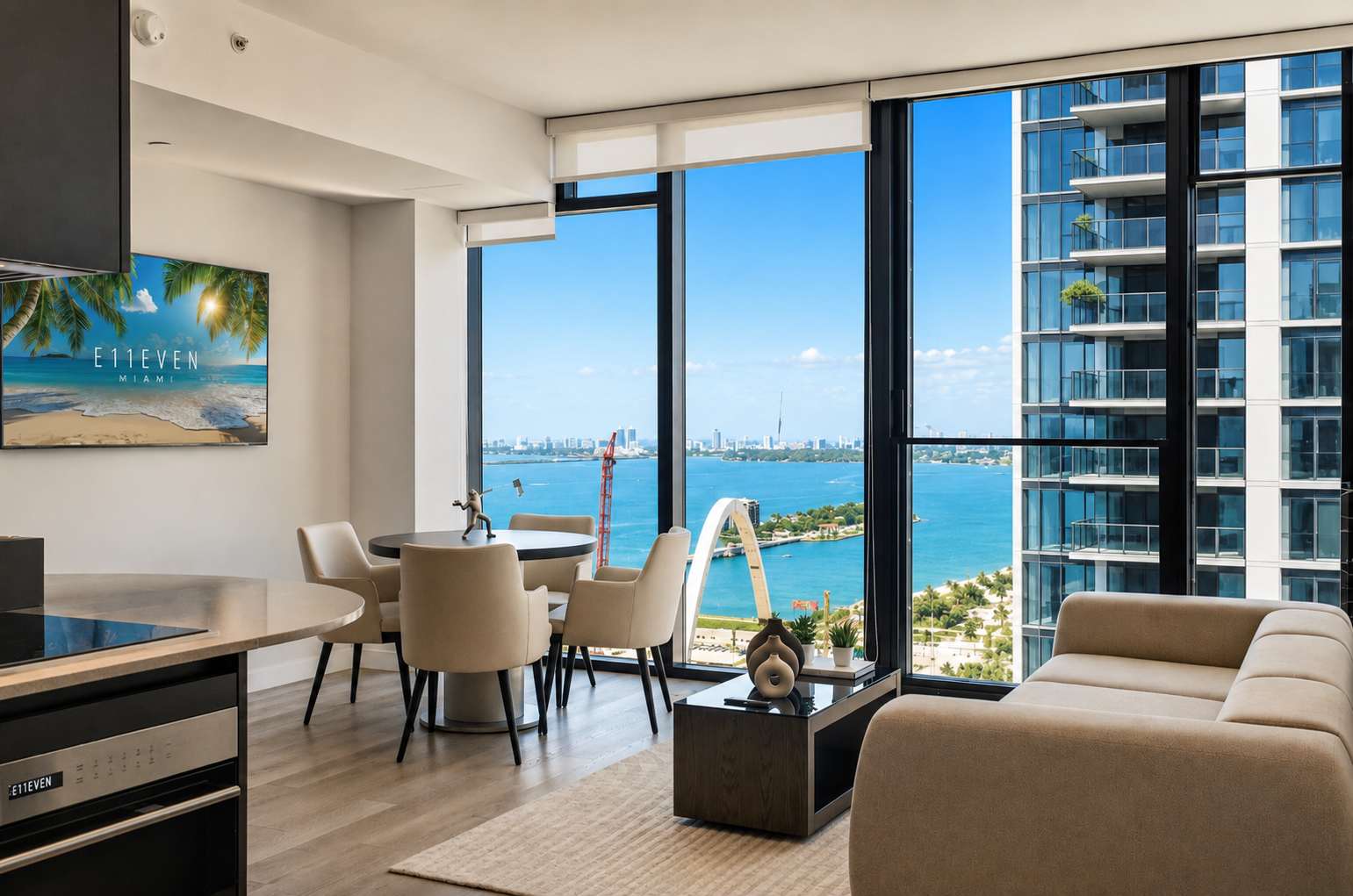 Living and dining area overlooking the bay.
