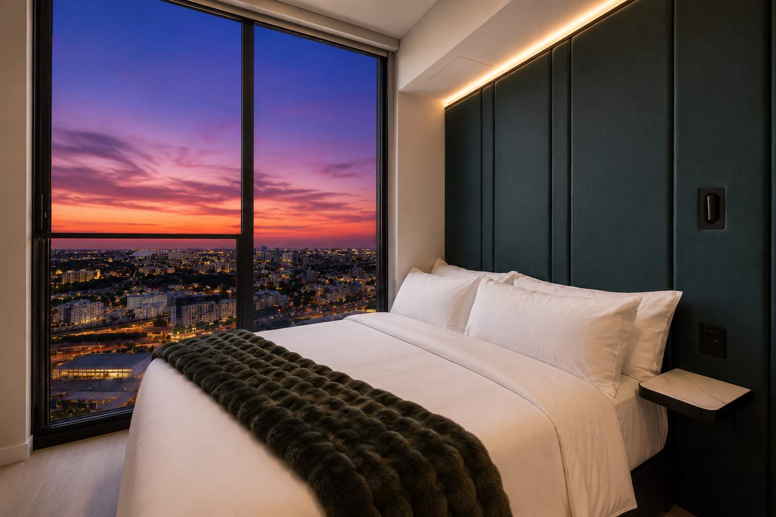 Bed beside city-view windows at dusk.