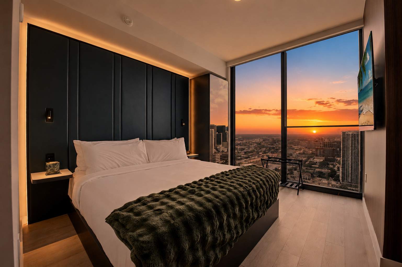 Bed beside city-view windows at dusk.