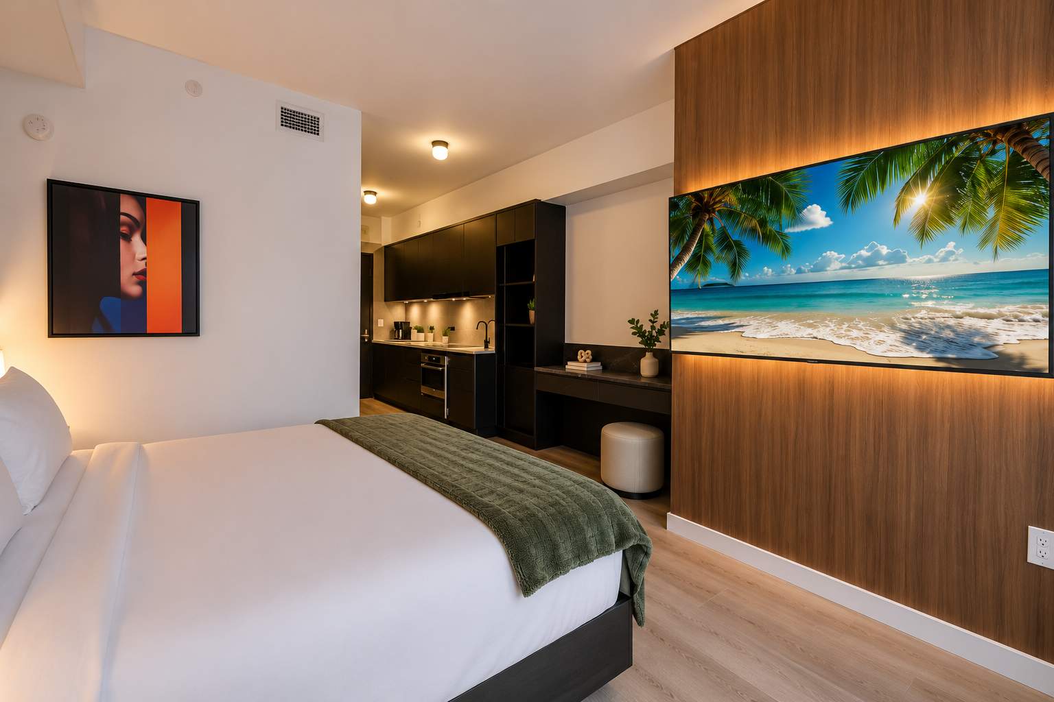 Bed facing a television beside the kitchen.