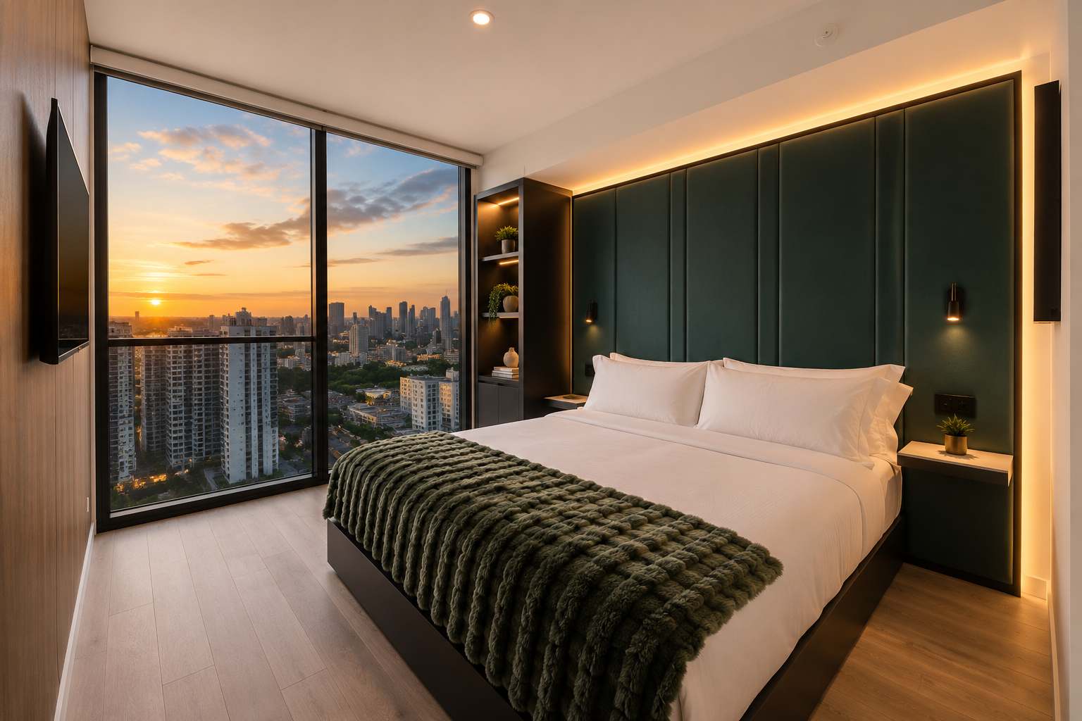 Bed beside city-view windows at dusk.