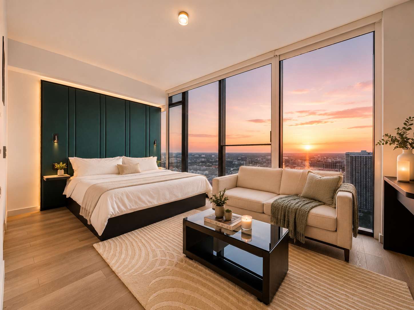 Studio bedroom and seating area at sunset.