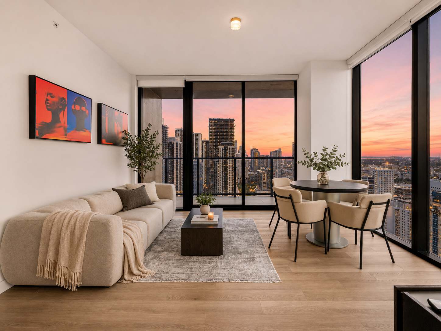 Living room overlooking the city at sunset.
