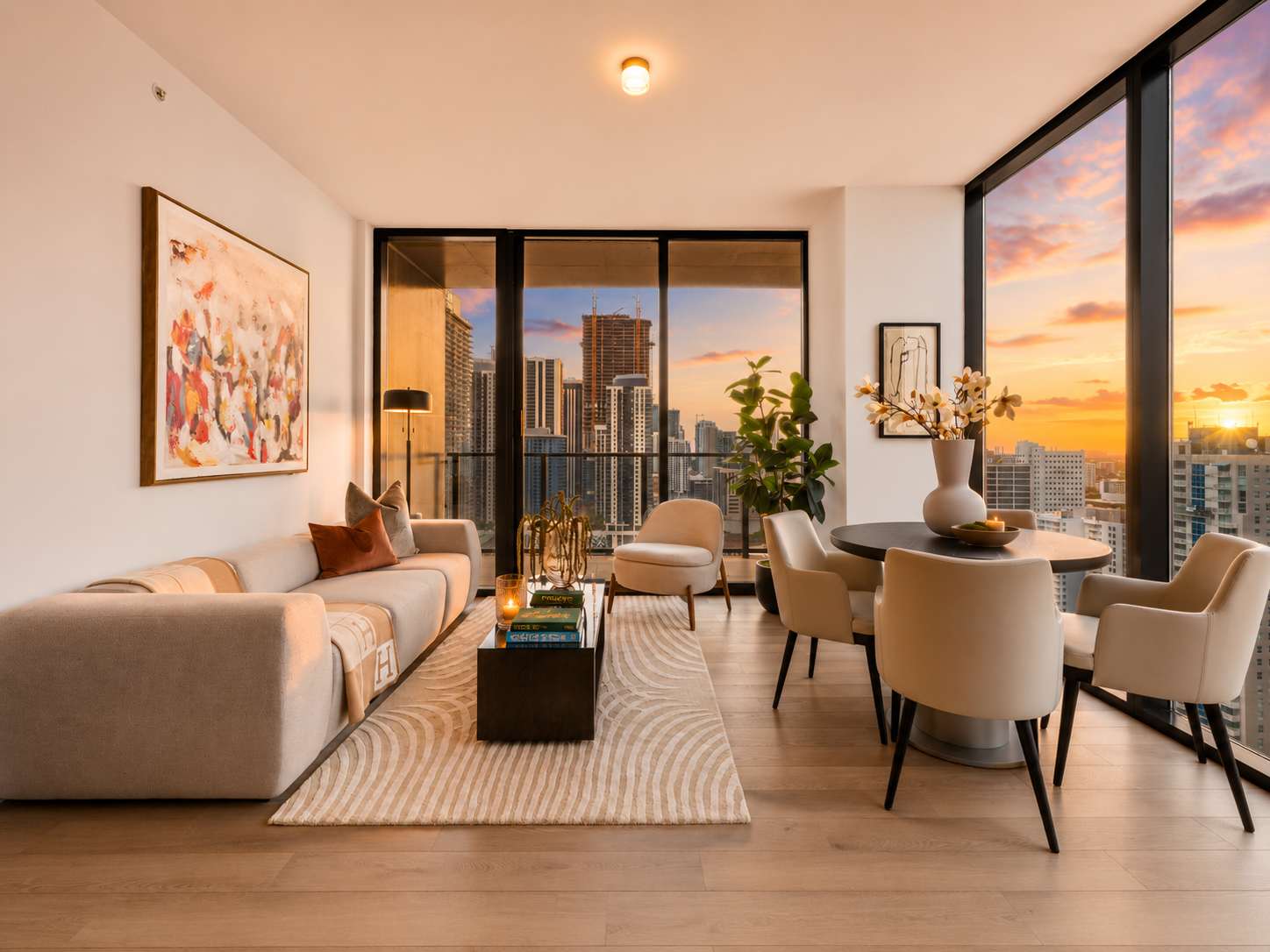 Living room overlooking the city at sunset.
