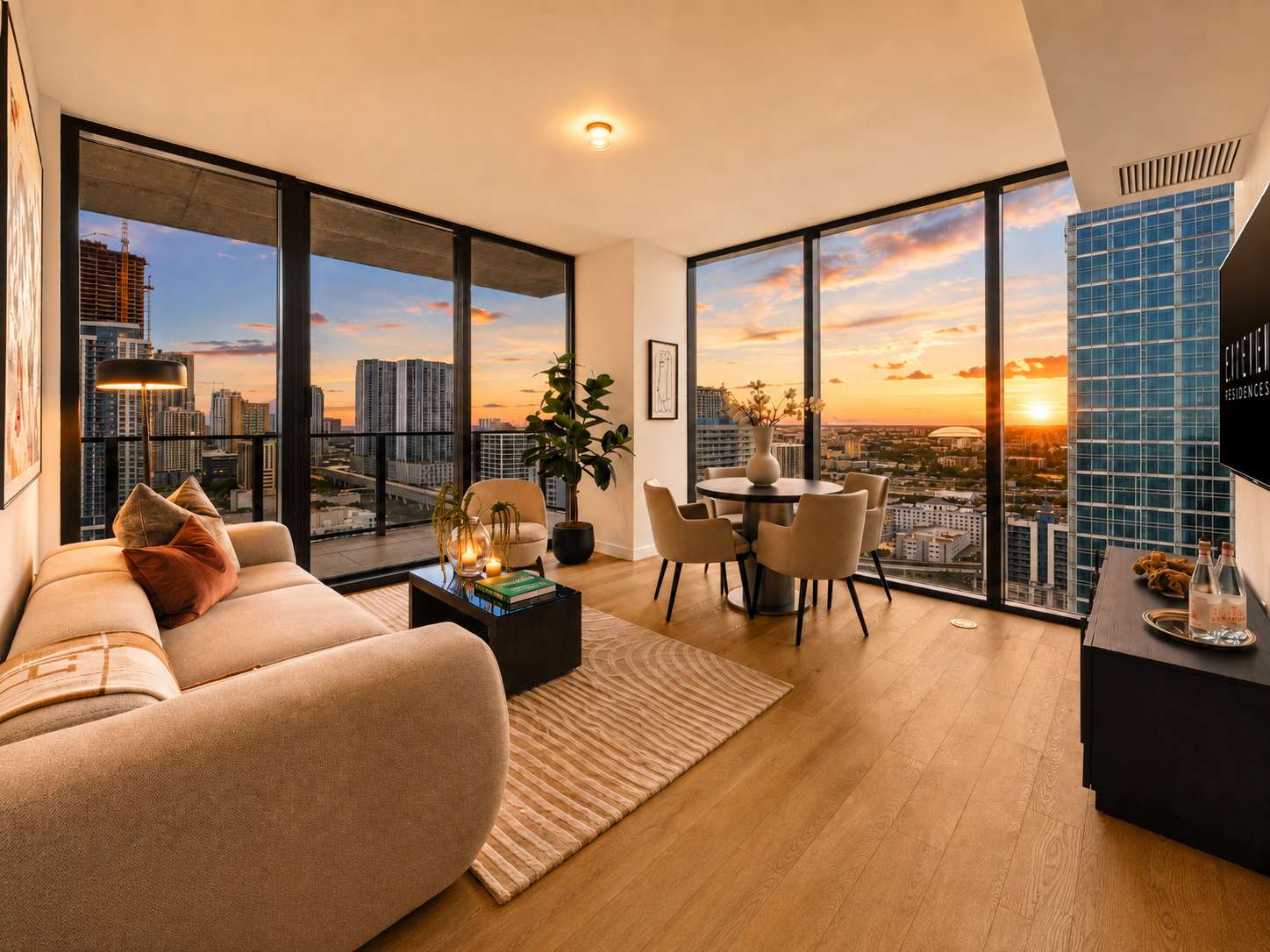 Living room overlooking the city at sunset.
