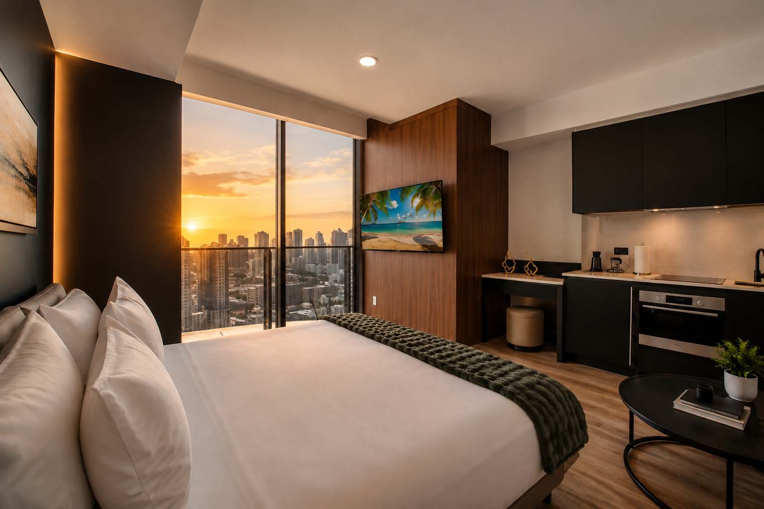 Bed beside city-view windows at dusk.