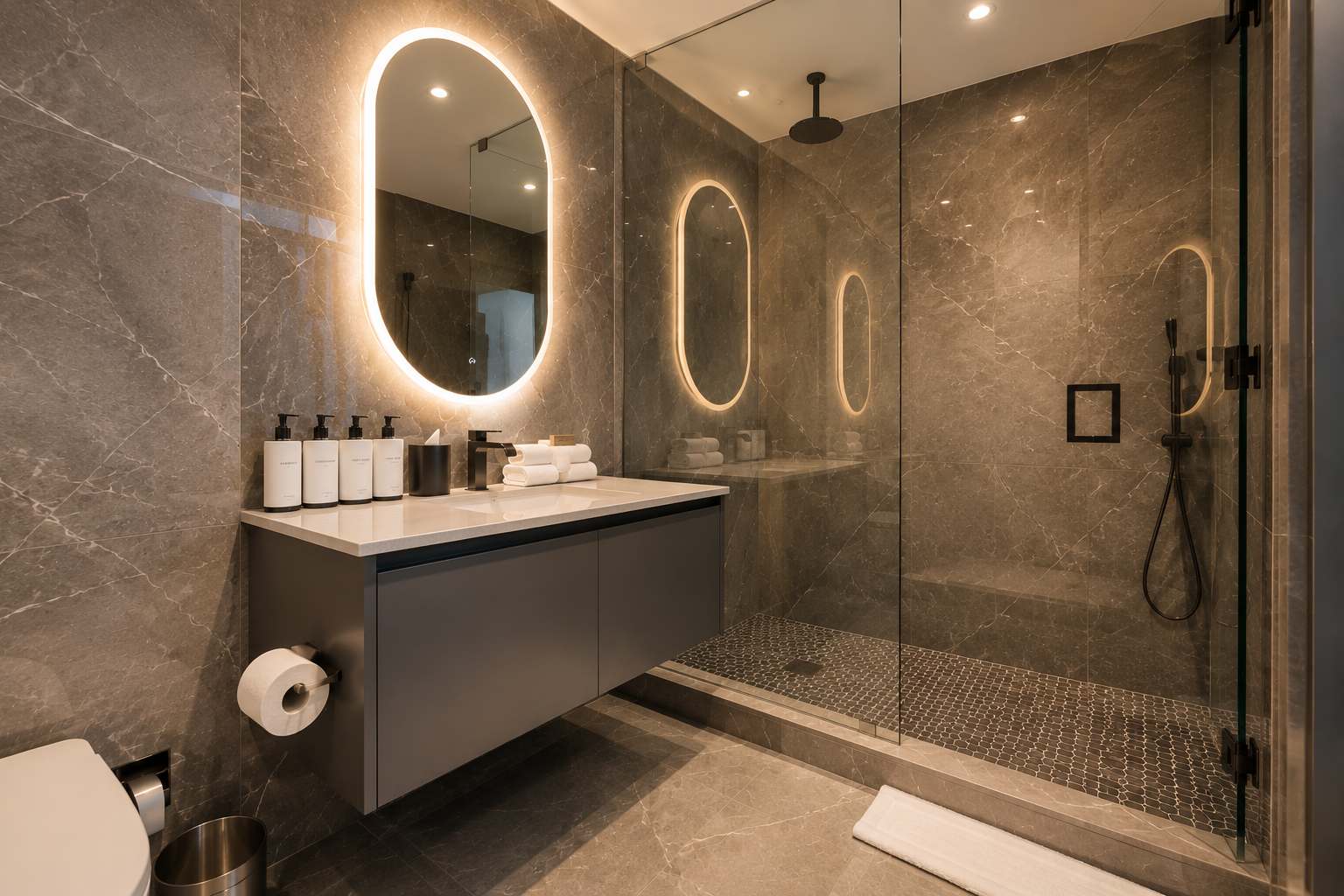 Marble bathroom with an oval mirror and shower.