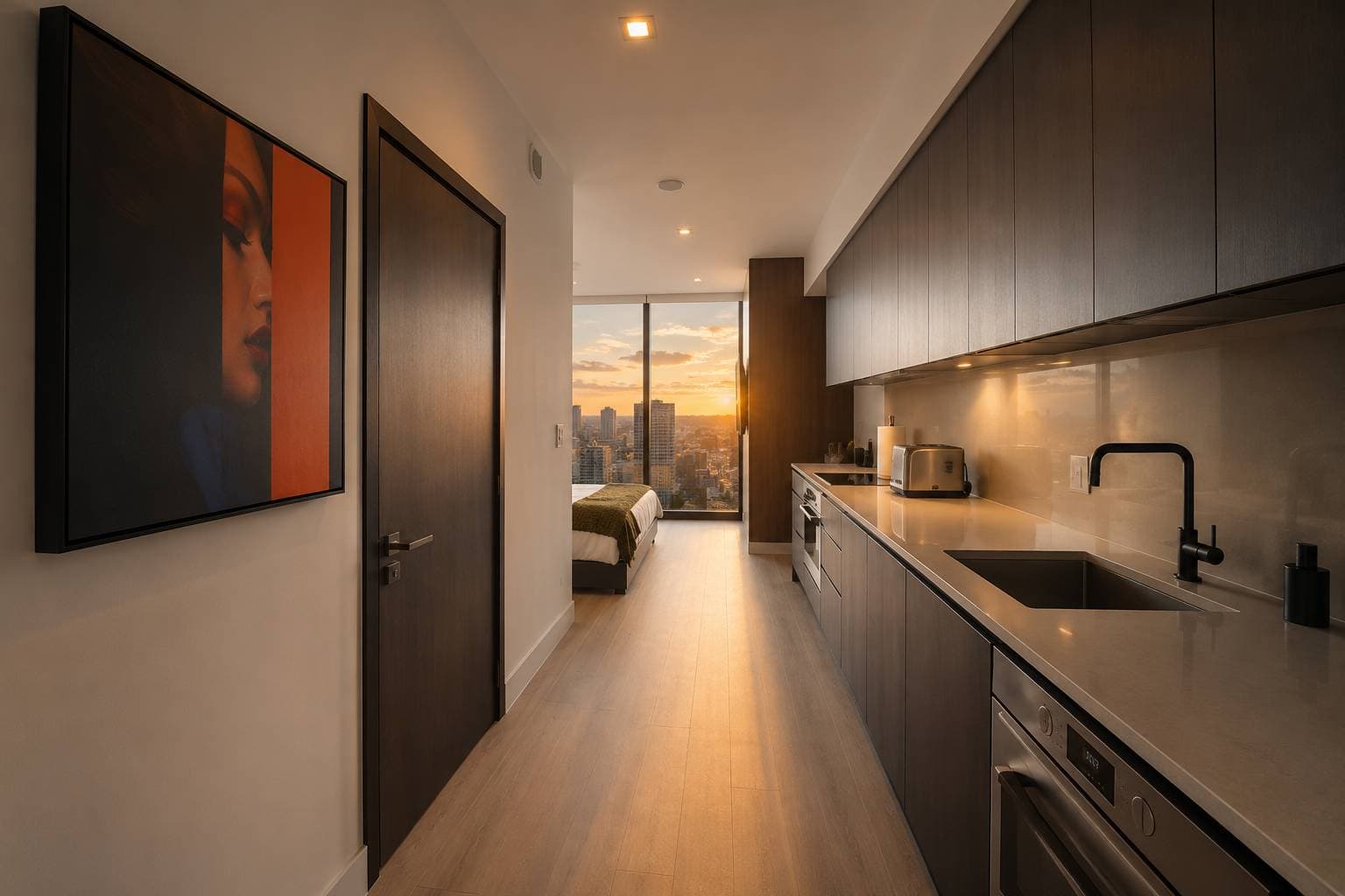 Galley kitchen opening toward the bright studio.