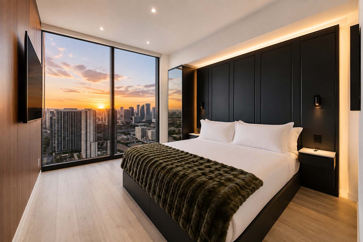 Bed beside city-view windows at dusk.