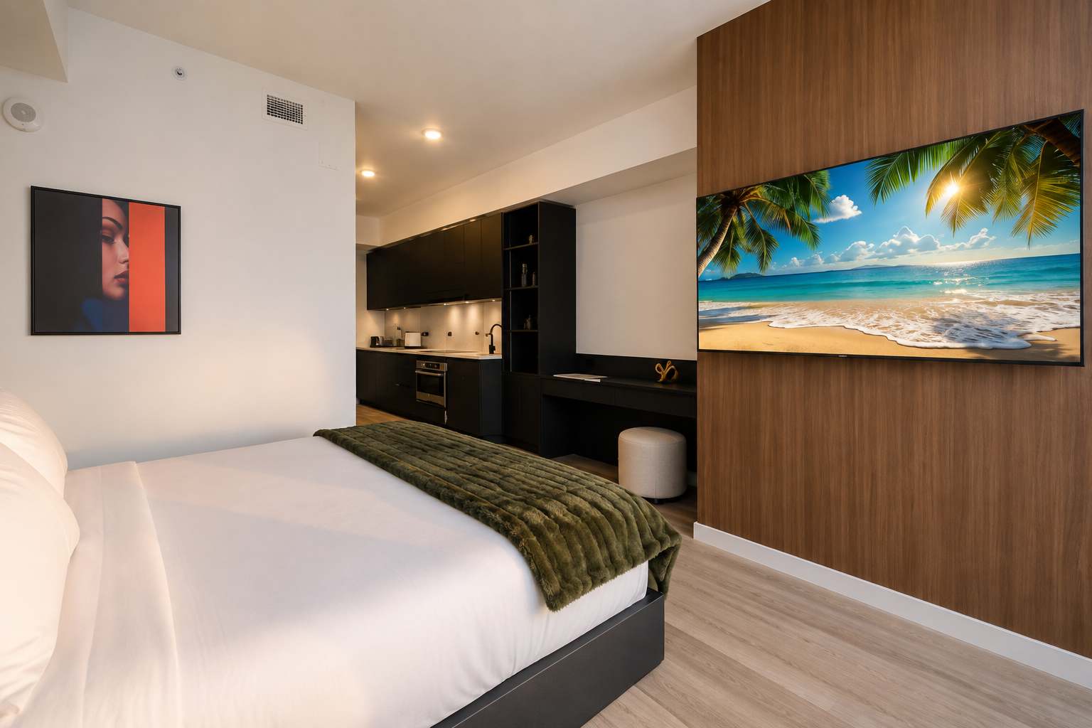 Bed facing a wall-mounted TV and long console.