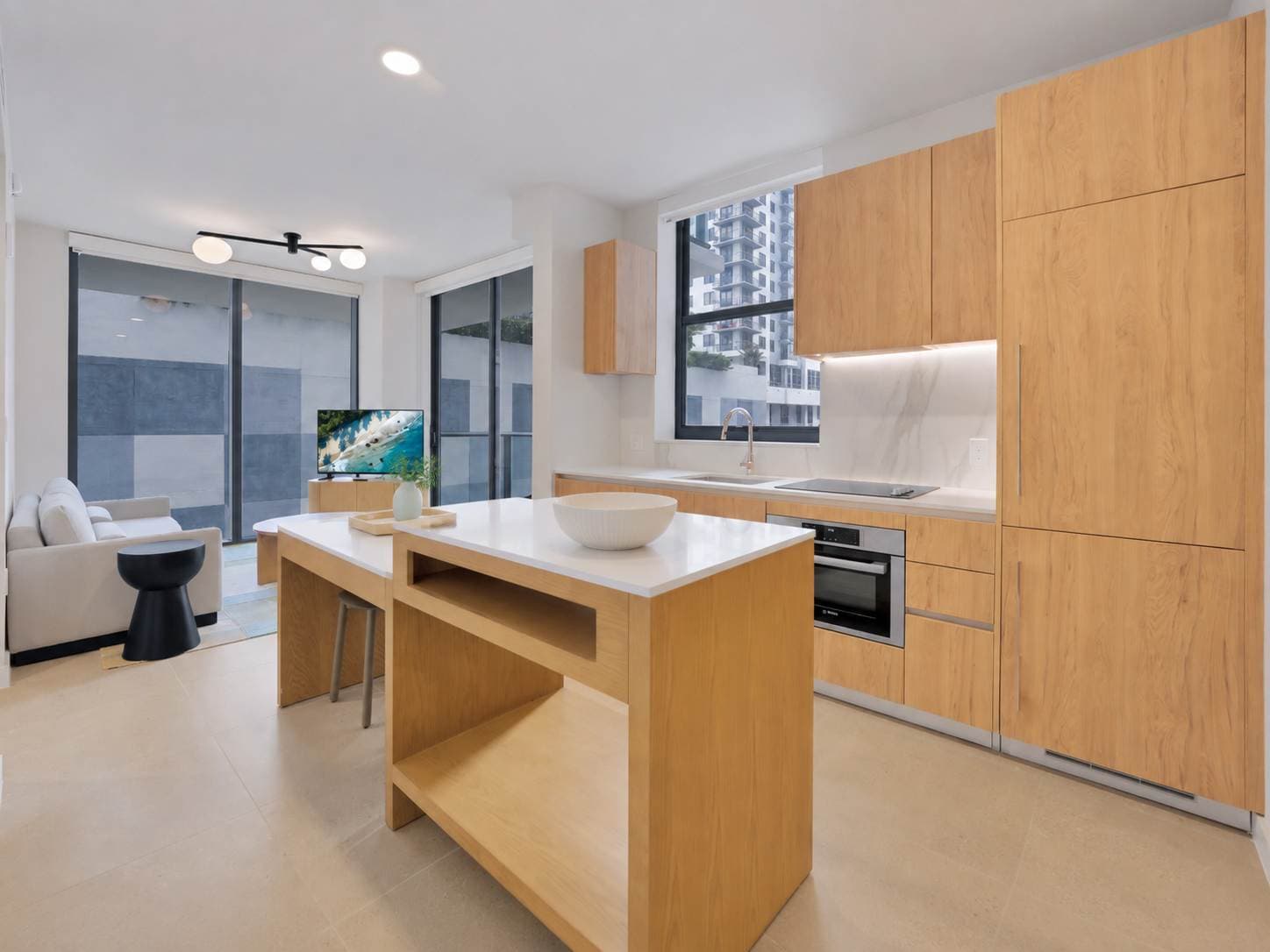 Kitchen with wood cabinets and a pale countertop.