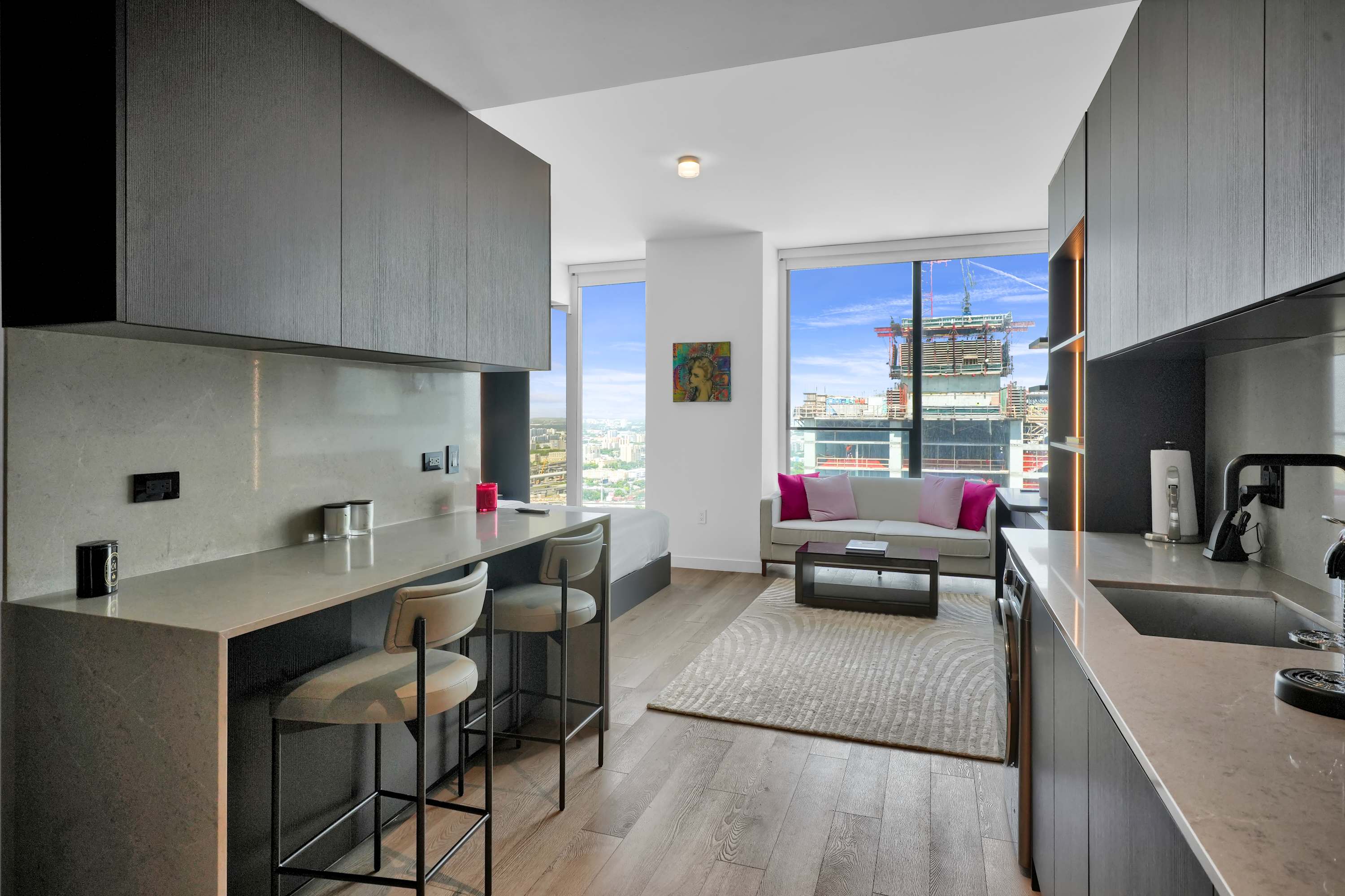 Studio kitchen with a breakfast bar.
